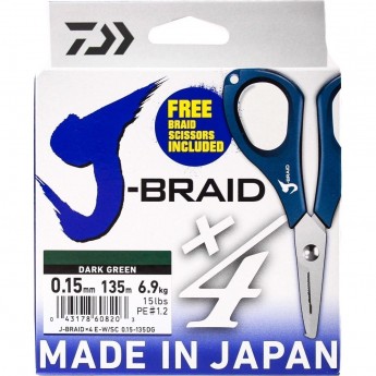 Шнур DAIWA J-Braid X4E-W/SC 0,15мм 135м dark green + ножницы Шнур DAIWA J-Braid X4E-W/SC 0,15мм 135м dark green + ножницы